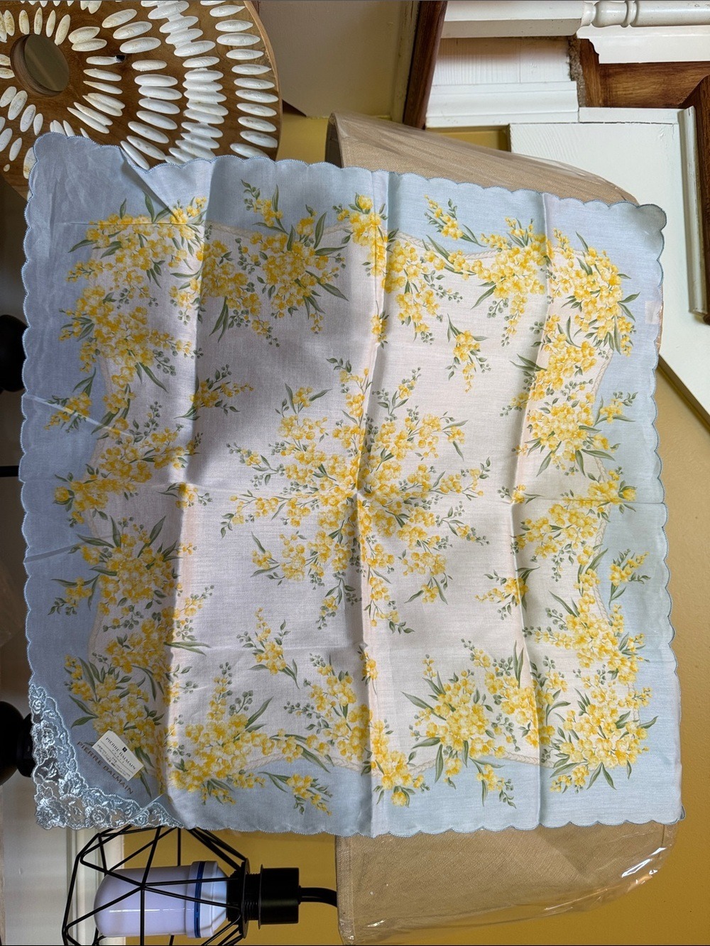 Pierre Balmain Yellow Floral Blue-Trim scarf 20” x 20”New - Picture 6 of 6